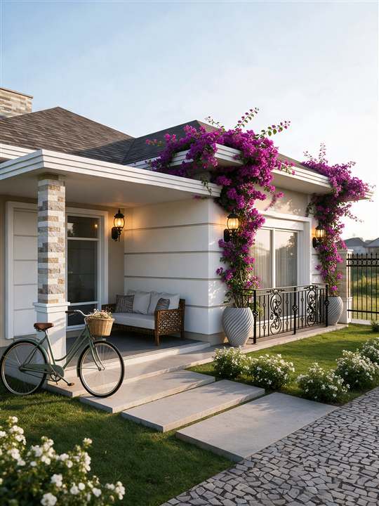Render realista de fachada de casa térrea com primaveras e jardim, feito com IA